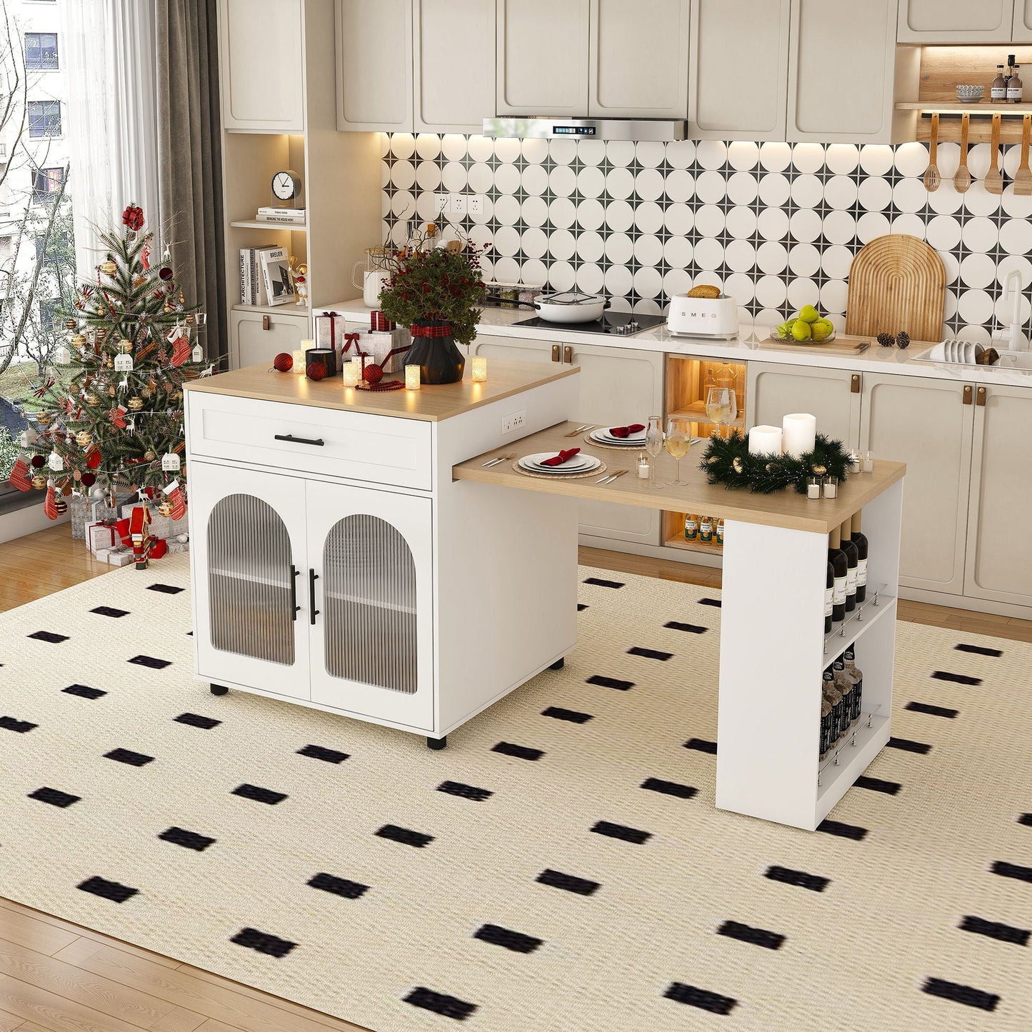 Expandable kitchen island with power outlet, white base, wood top by HouseOfZazla on Tampa Home & Garden Store