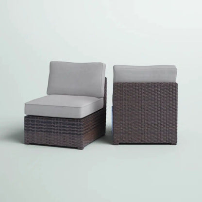 Armless Patio Chair With Cushions, two dark brown wicker chairs with light gray cushions on Tampa Home & Garden Store