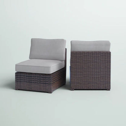 Armless patio chair with cushions, two brown wicker chairs with gray cushions HouseOfZazla on Tampa Home & Garden Store