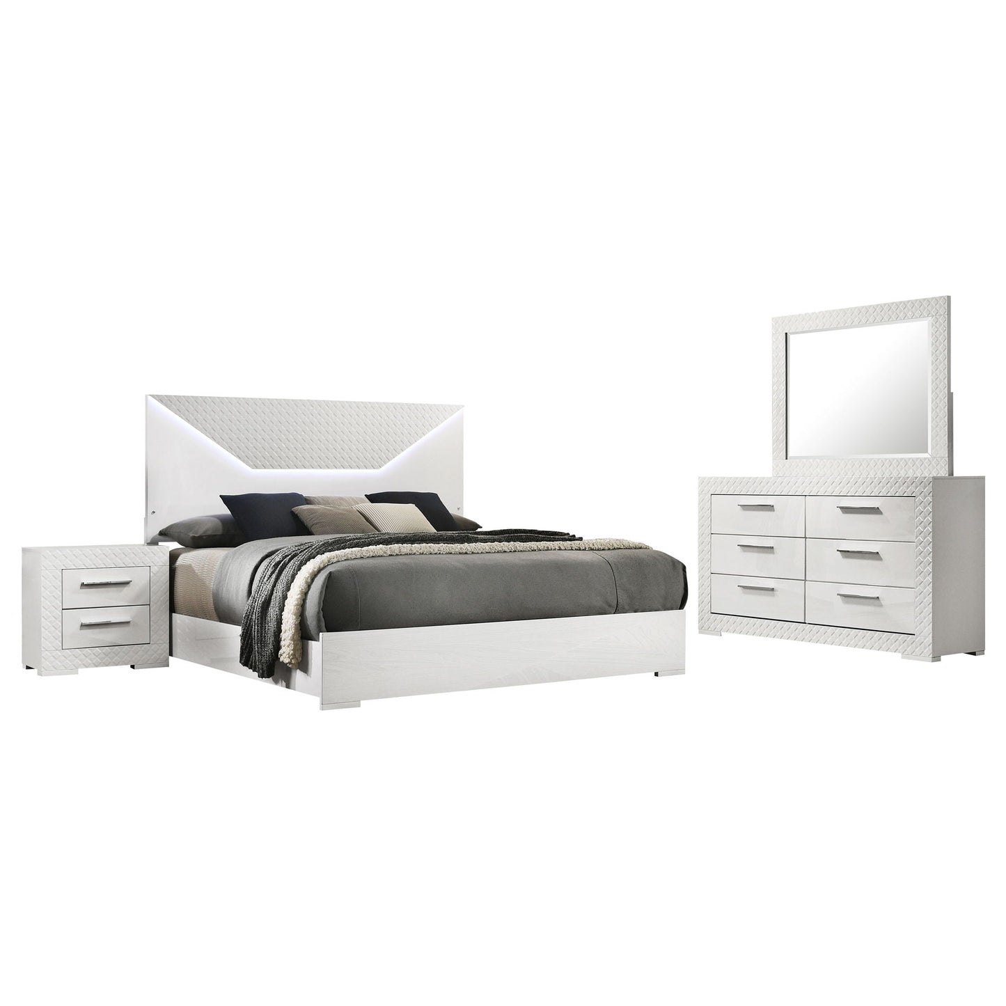 Pierce 4-Piece Bedroom Set white diamond trim by HouseOfZazla bed, nightstands, dresser w/mirror on Tampa Home & Garden Store