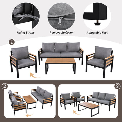 GO 4-Piece outdoor sofa set by HouseOfZazla gray cushions, black frame, wood arms seats 5 on Tampa Home & Garden Store