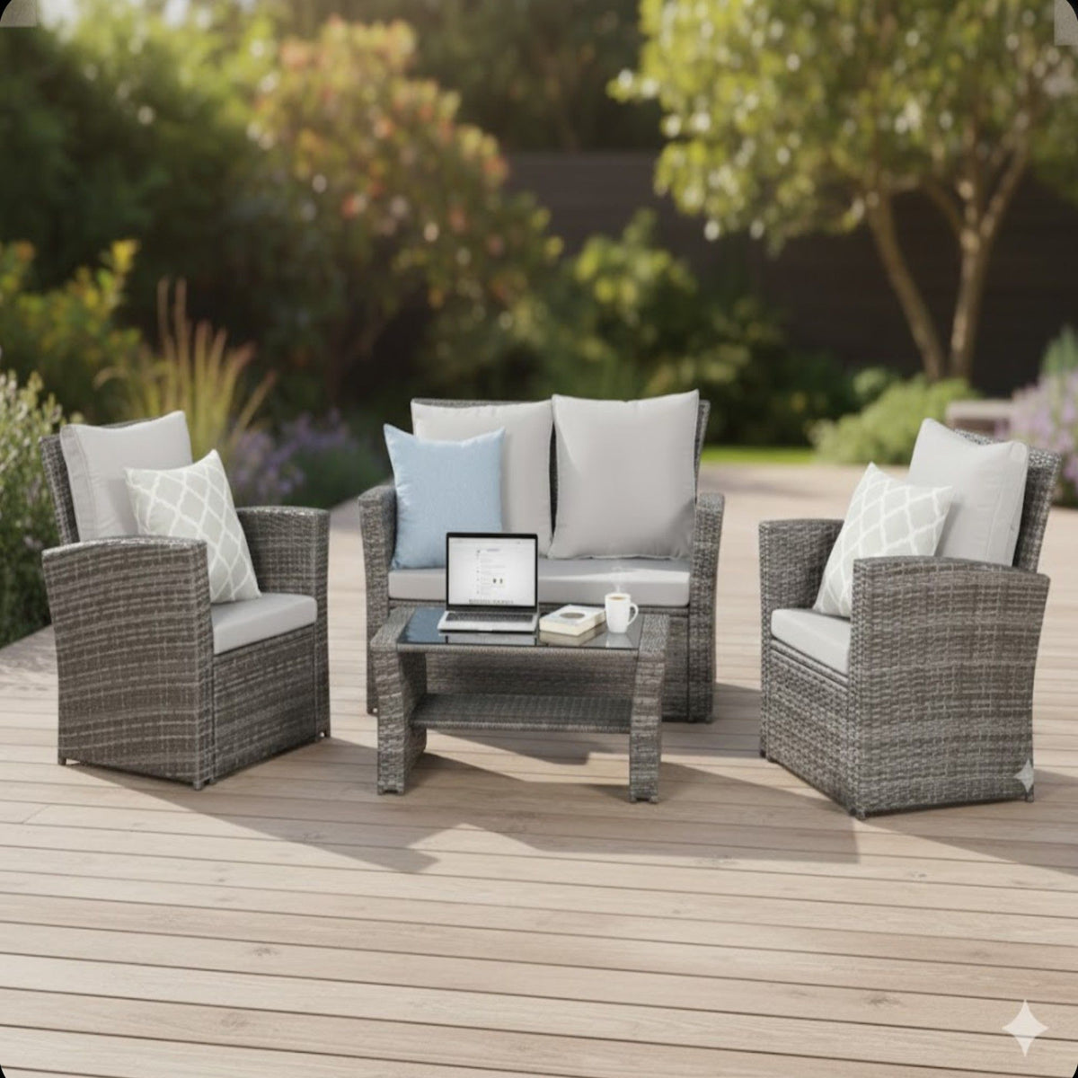 Modern 4-piece gray wicker patio set with light cushions and blue pillows by HouseOfZazla on Tampa Home & Garden Store