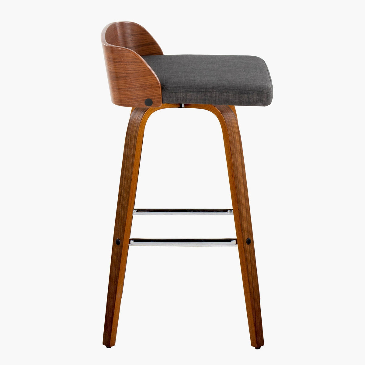 Maya barstool dark gray fabric on curved wood frame with swivel and square footrest on Tampa Home & Garden Store