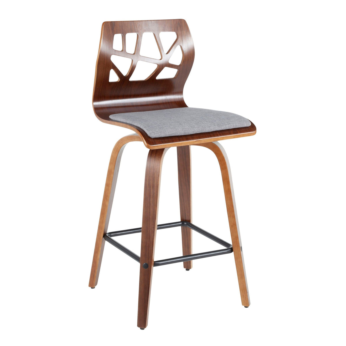 Mid-Century Modern counter stool with swivel, gray cushion, walnut wood back and legs on Tampa Home & Garden Store