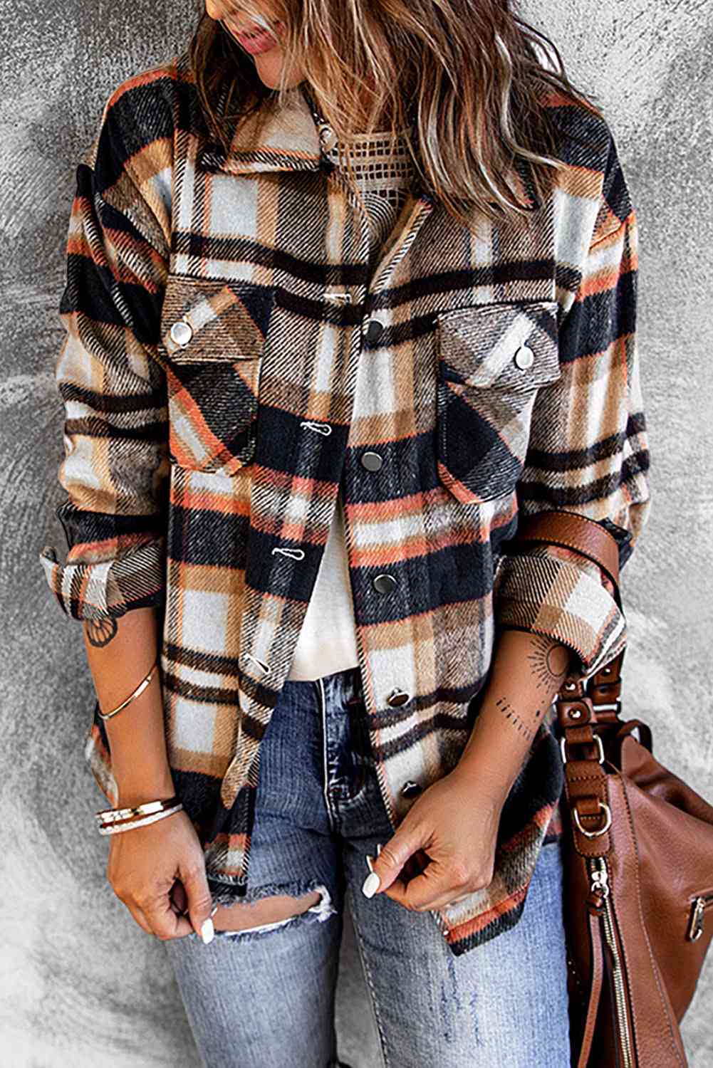 Classic plaid button-front shirt jacket with breast pockets by Stevvex in camel tones on Tampa Home & Garden Store