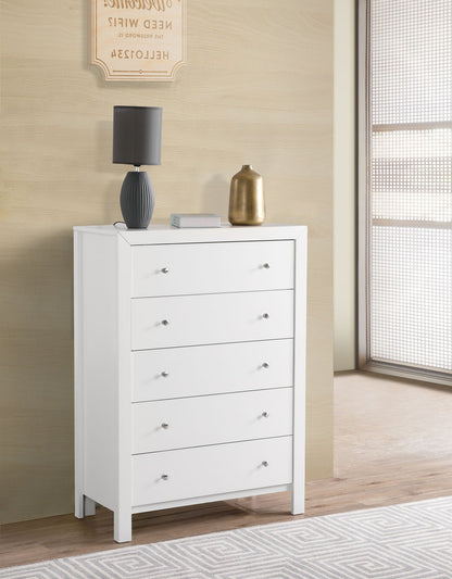 Accent chest by HouseOfZazla, white finish with five spacious drawers and silver knobs on Tampa Home & Garden Store