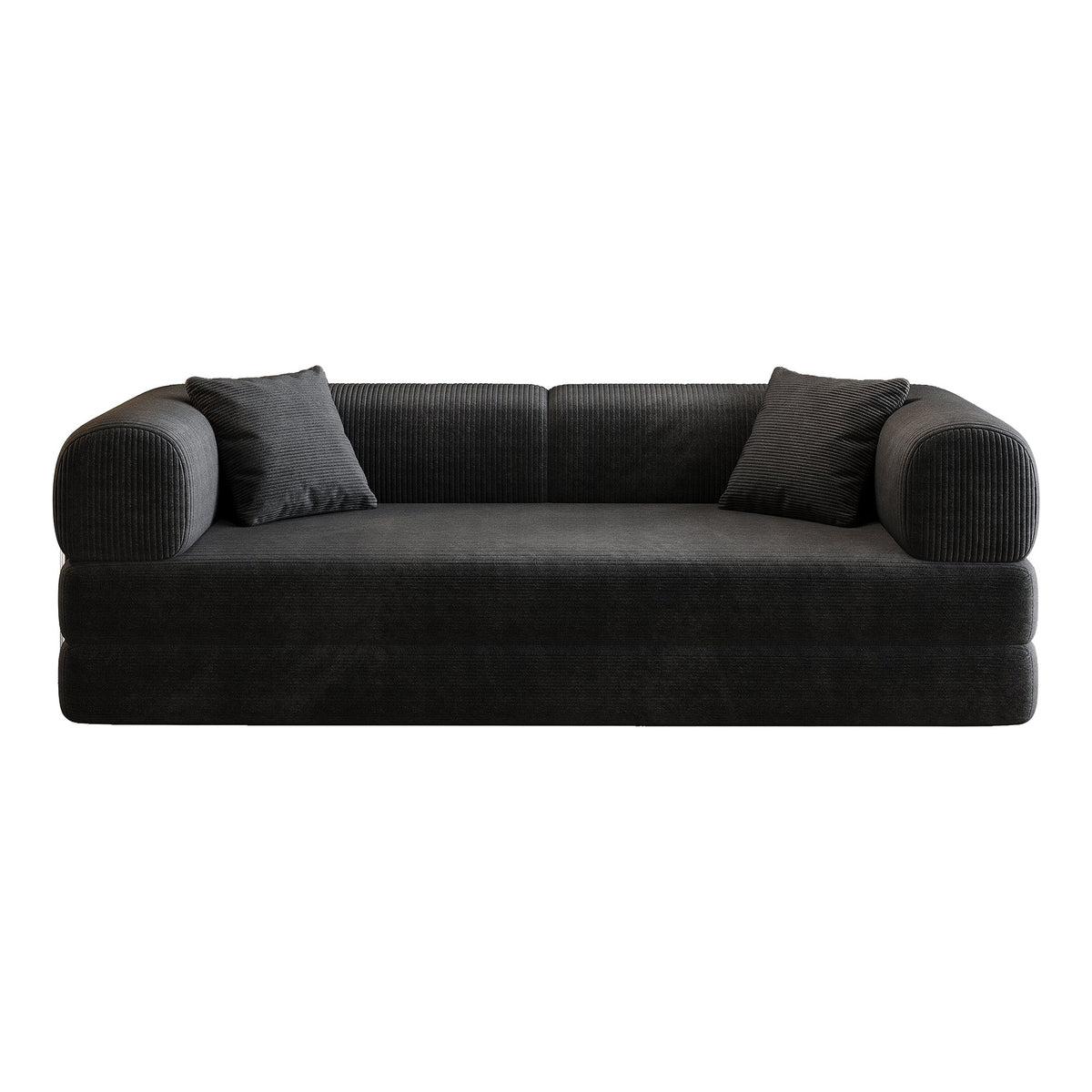 Black corduroy sofa with rounded armrests and two matching cushions on Tampa Home & Garden Store