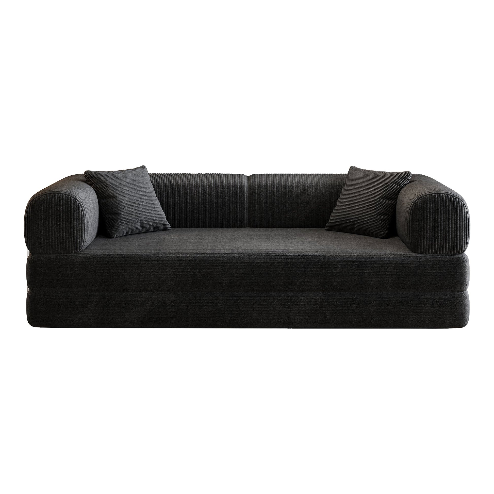 Black corduroy sofa with rounded armrests and two matching cushions on Tampa Home & Garden Store