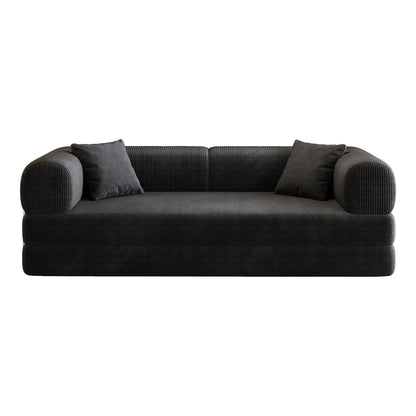 Black corduroy sofa with rounded armrests and two matching cushions on Tampa Home & Garden Store