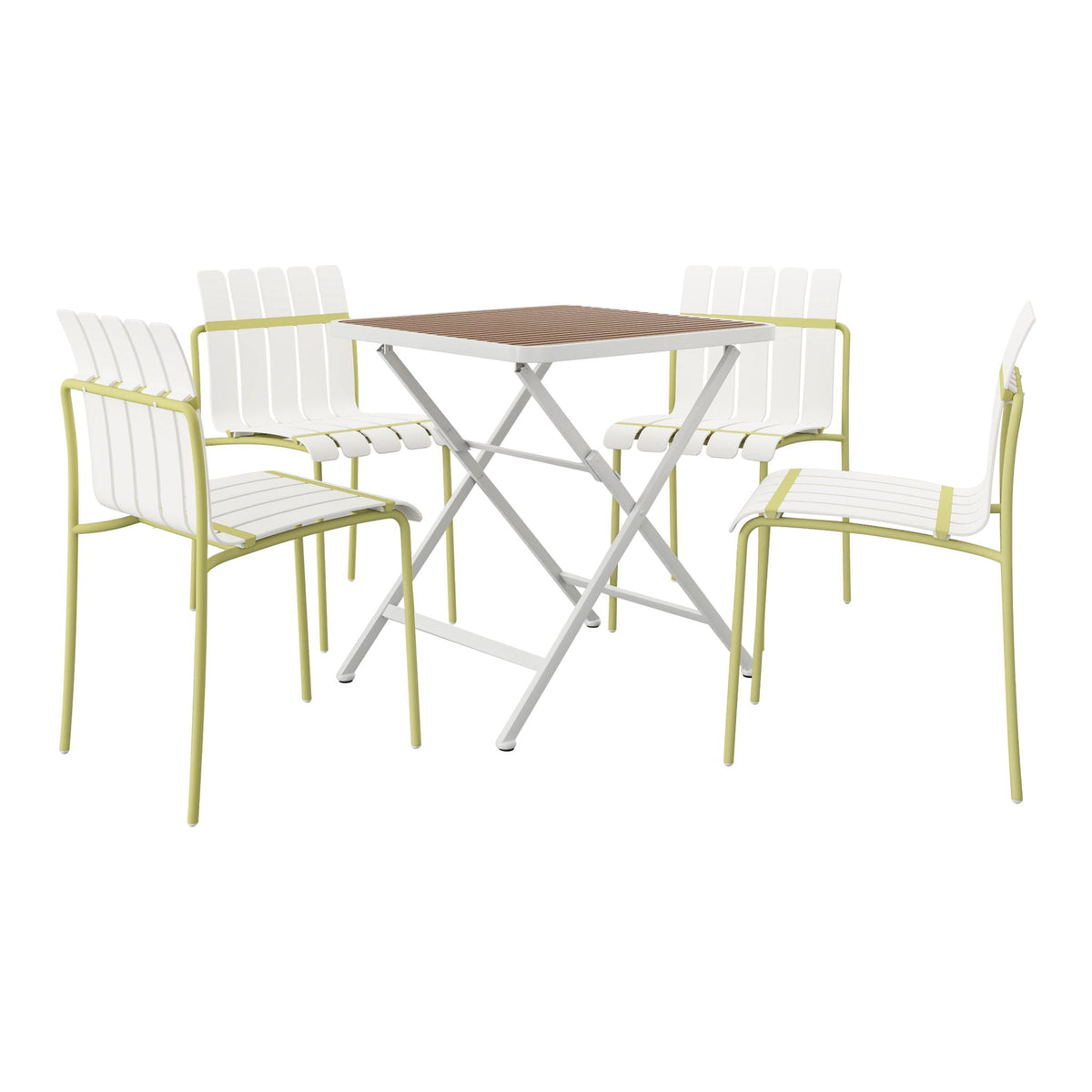 5-piece color block outdoor dining set with folding table; white slat chairs, yellow frames on Tampa Home & Garden Store