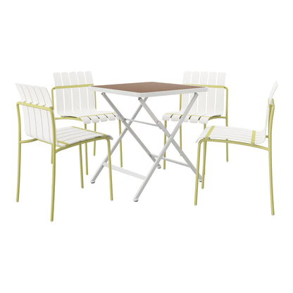 5-piece color block outdoor dining set with folding table; white slat chairs, yellow frames on Tampa Home & Garden Store