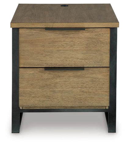 Montia table, two-drawer cocktail table with natural oak finish and black metal frame on Tampa Home & Garden Store