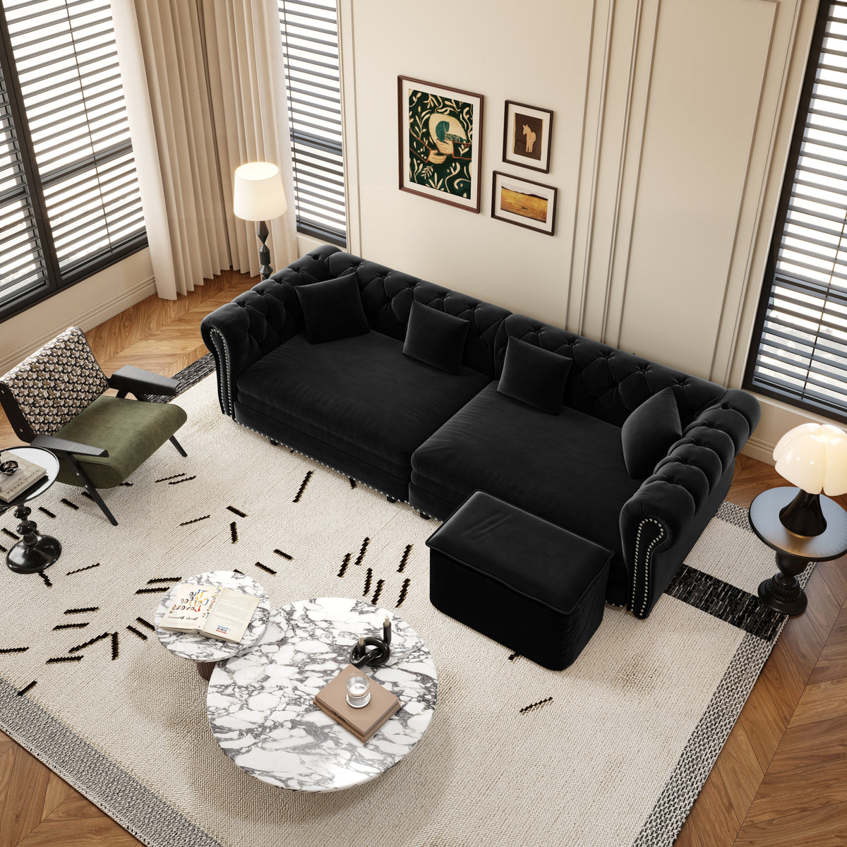 Chesterfield velvet sofa bed, 3-in-1 convertible, black tufted upholstery by HouseOfZazla on Tampa Home & Garden Store