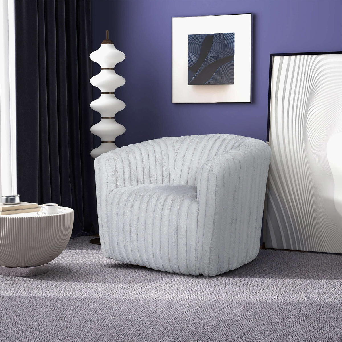 Pair of modern comfort swivel chairs with channel-tufted gray upholstery on Tampa Home & Garden Store