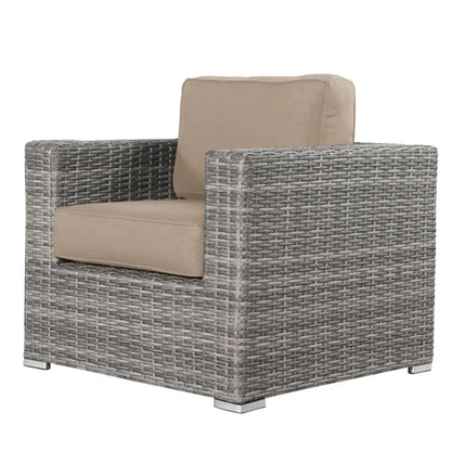 Patio arm chair with beige cushions in grey woven rattan, modern outdoor seating on Tampa Home & Garden Store