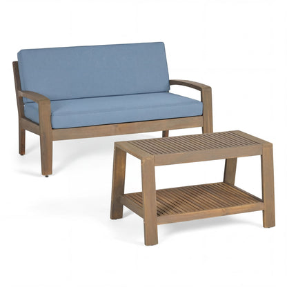 2-Piece Outdoor Set Loveseat & Coffee Table with blue water-resistant cushions on wood frame on Tampa Home & Garden Store