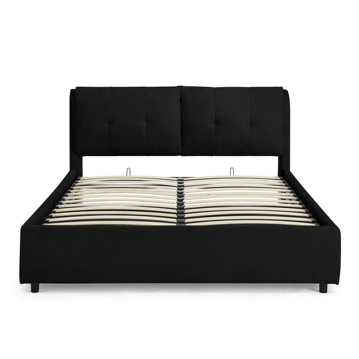 Black upholstered storage platform bed with tufted headboard and slatted base on Tampa Home & Garden Store