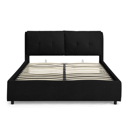 Black upholstered storage platform bed with tufted headboard and slatted base on Tampa Home & Garden Store