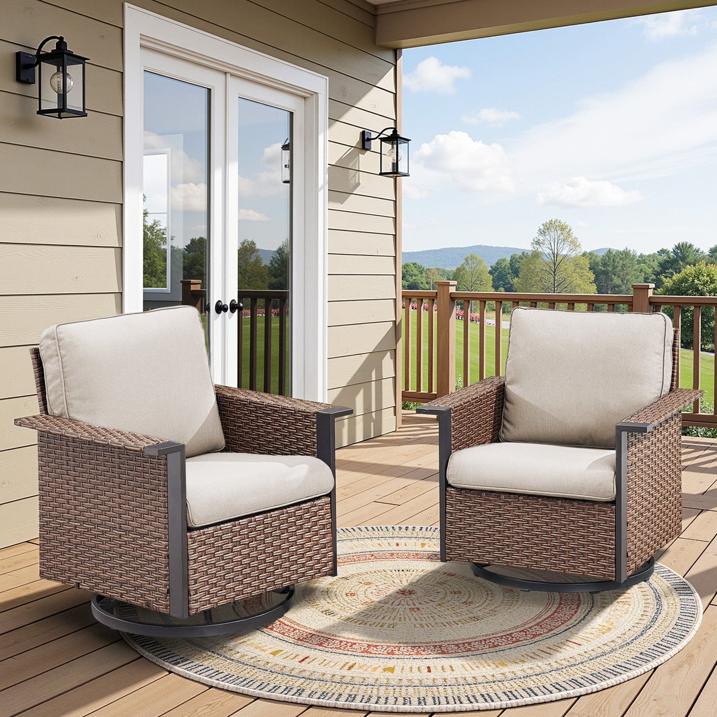 Outdoor swivel rocking chairs pair in brown wicker with beige cushions HouseOfZazla patio seating on Tampa Home & Garden Store