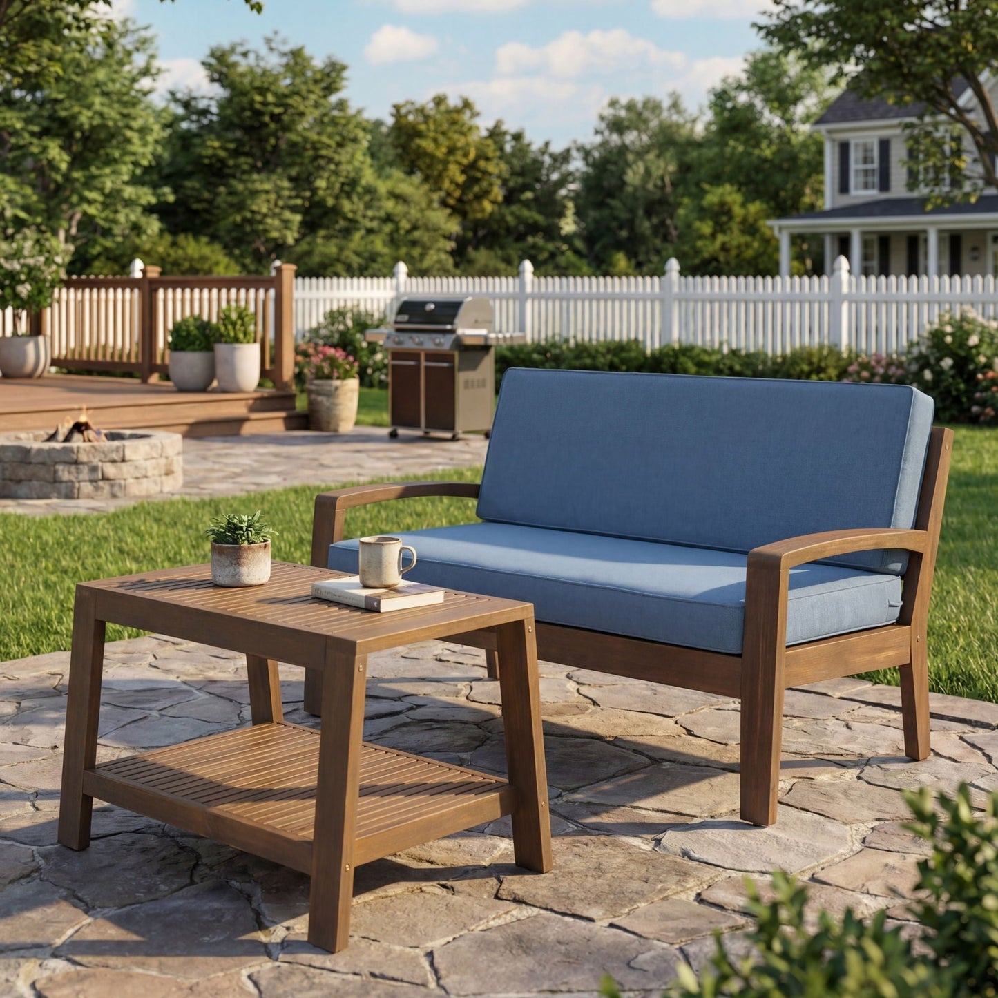 2-piece outdoor loveseat and coffee table set with water‑resistant blue cushions and wooden frames on Tampa Home & Garden Store