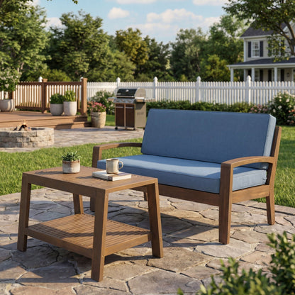 2-piece outdoor loveseat and coffee table set with water‑resistant blue cushions and wooden frames on Tampa Home & Garden Store