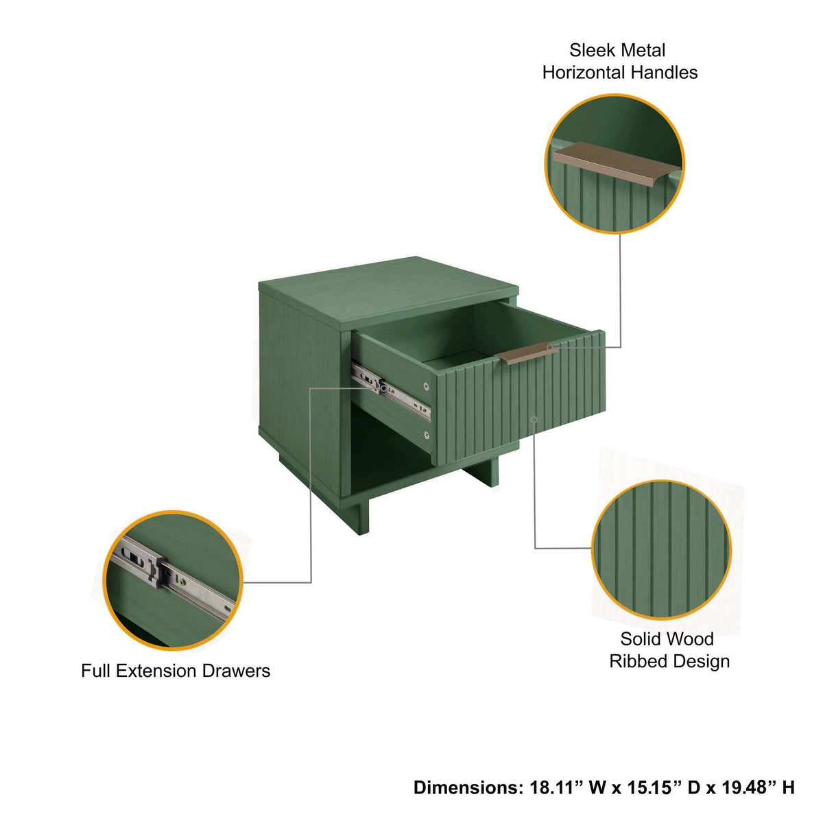 Granville Nightstand 1 Drawer green solid wood ribbed design by HouseOfZazla on Tampa Home & Garden Store