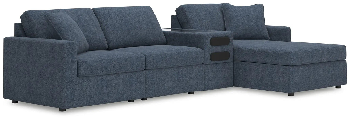 Modmax Sectional Ink blue fabric with chaise, center console with two cupholders on Tampa Home & Garden Store