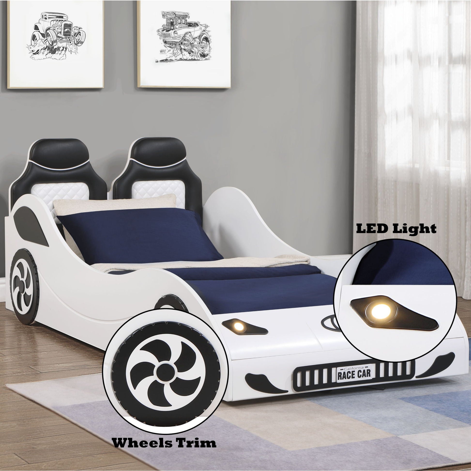 Colen twin car bed with LED lights, white and black finish, blue bedding, HouseOfZazla on Tampa Home & Garden Store
