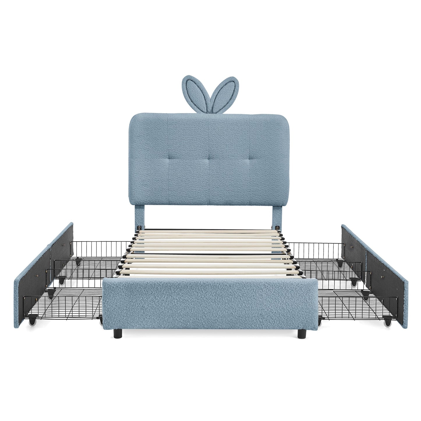 Twin size kids upholstered bed with oversized blue rabbit ear headboard and slat frame on Tampa Home & Garden Store