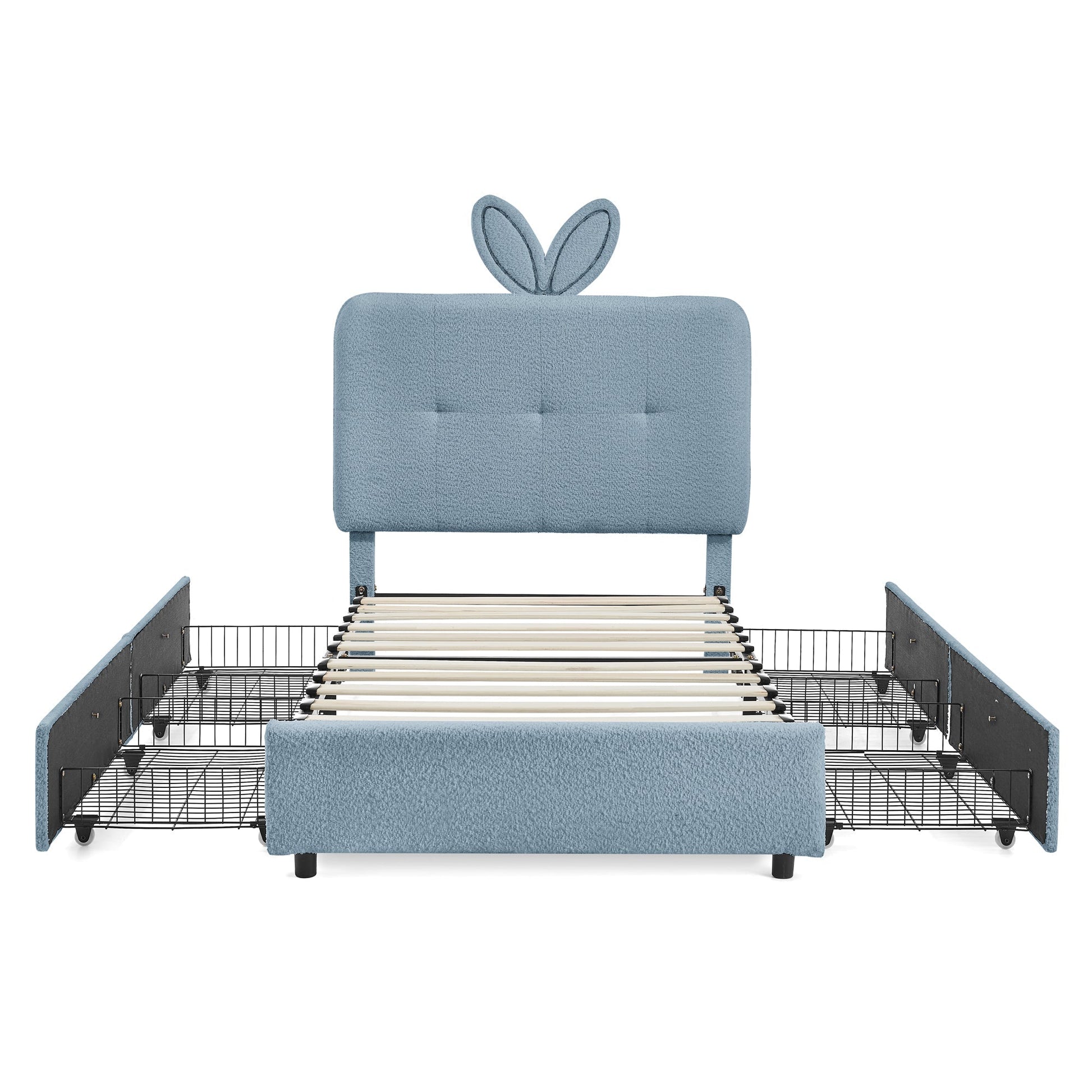 Twin size kids upholstered bed with oversized blue rabbit ear headboard and slat frame on Tampa Home & Garden Store