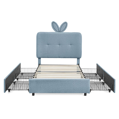 Twin size kids upholstered bed with oversized blue rabbit ear headboard and slat frame on Tampa Home & Garden Store