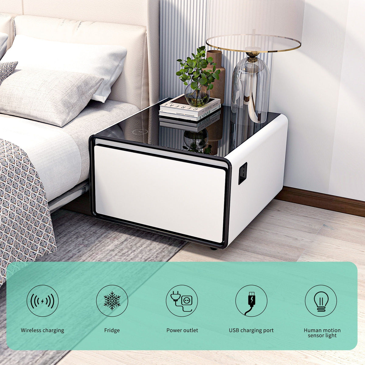 Modern smart side table with built-in fridge and wireless charging, white by HouseOfZazla on Tampa Home & Garden Store