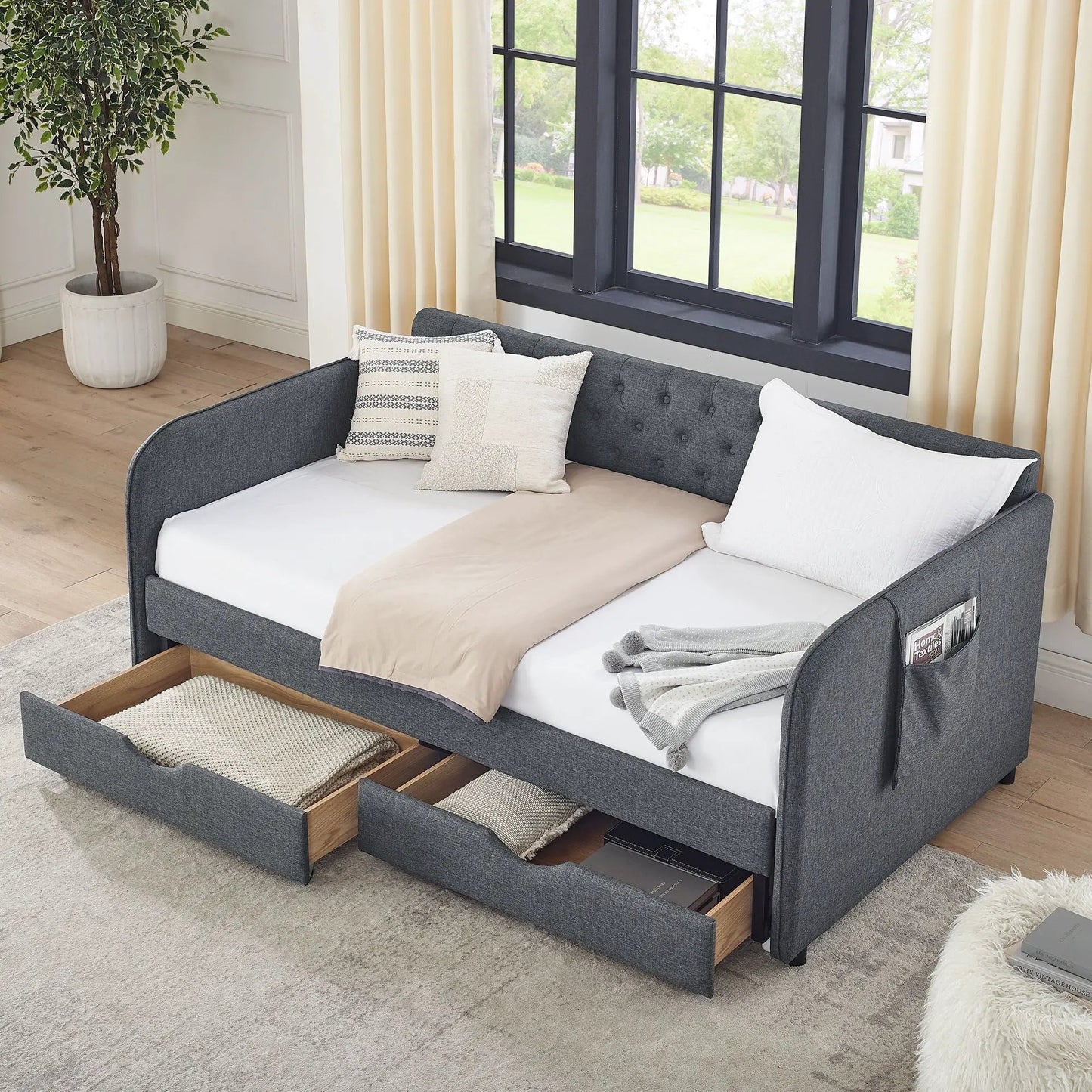 Daybed With Trundle and Storage Drawers Flat Arms
