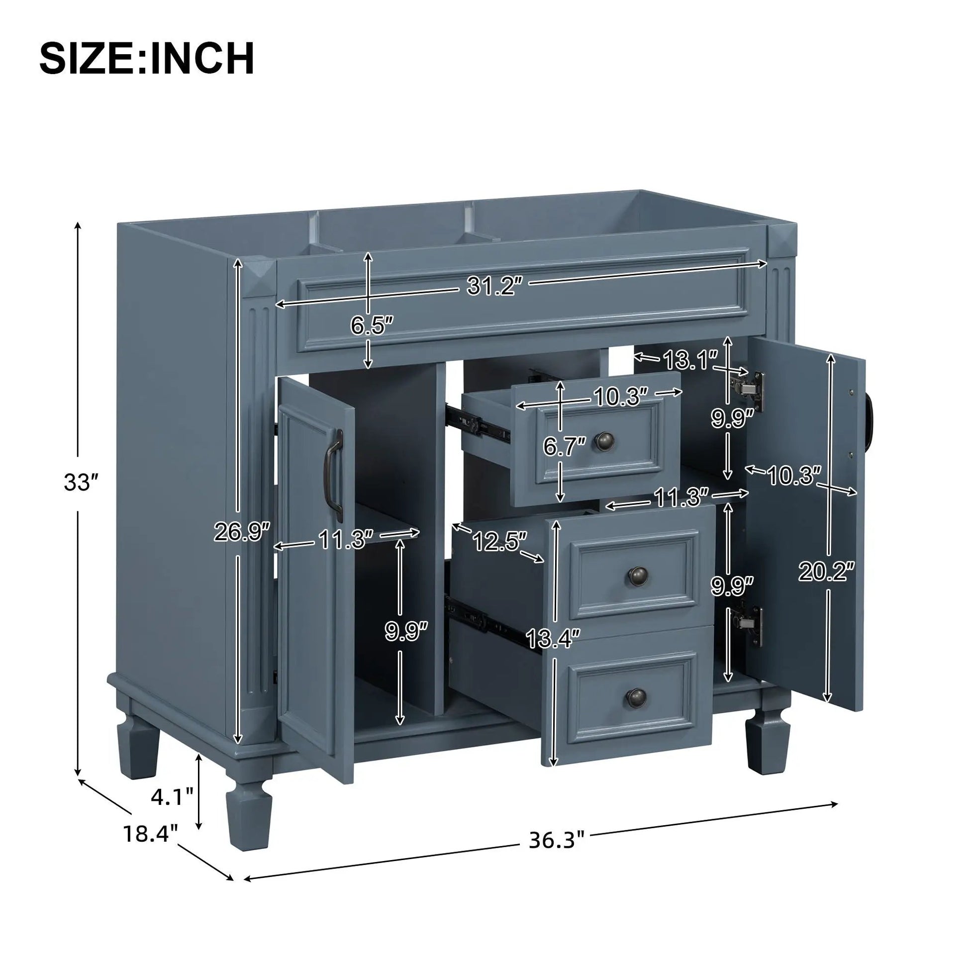 Bathroom vanity cabinet with 2 soft-close doors and 2 drawers in blue-gray by Unique Piece on Tampa Home & Garden Store