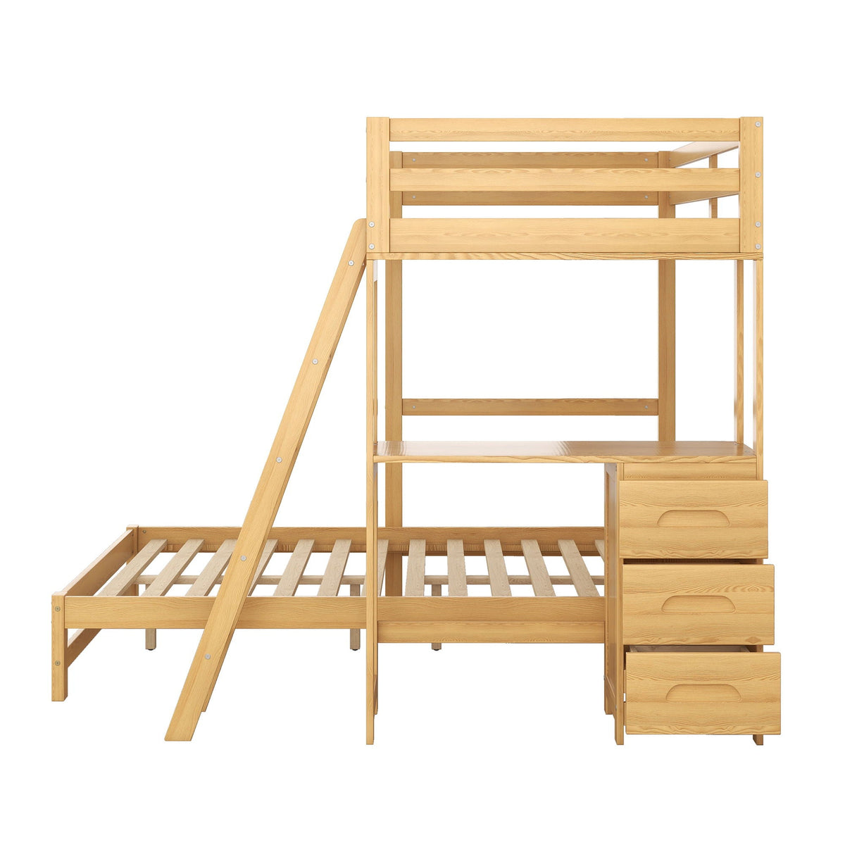 Bunk bed with built-in desk and three drawers in natural wood on Tampa Home & Garden Store