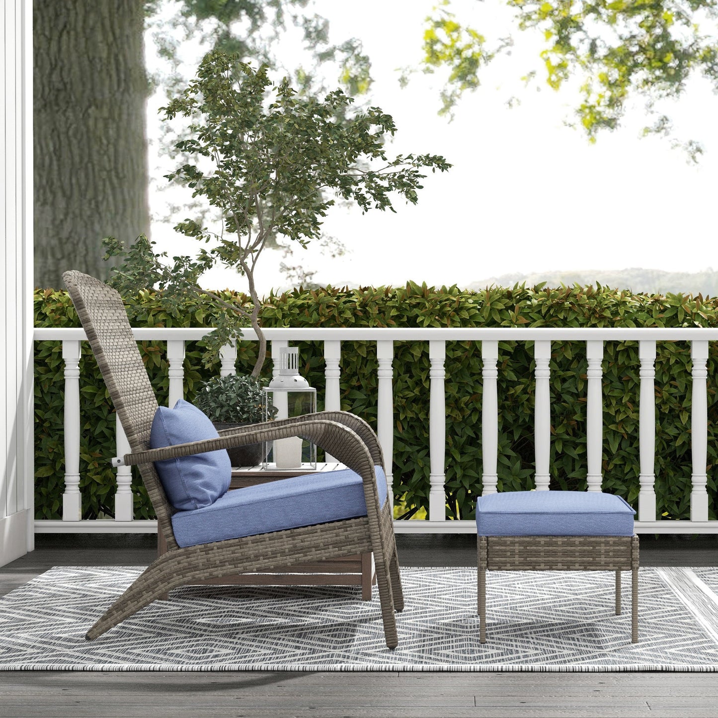 Wicker Adirondack chair with ottoman by HouseOfZazla, brown wicker with blue cushions on a porch on Tampa Home & Garden Store