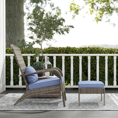 Wicker Adirondack chair with ottoman by HouseOfZazla, brown wicker with blue cushions on a porch on Tampa Home & Garden Store
