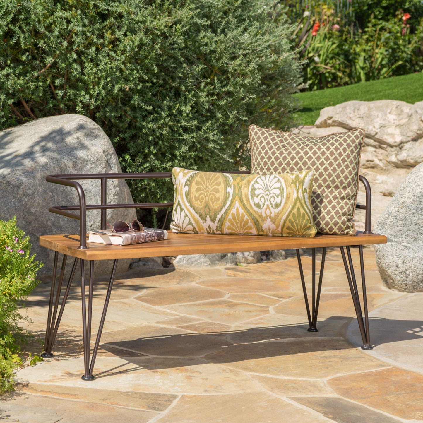 Classic Outdoor Bench with Iron and Teak Frame