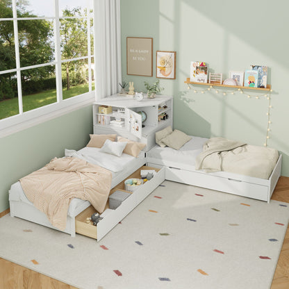 Compact L Shaped Bed Frame with Trundle and Desk