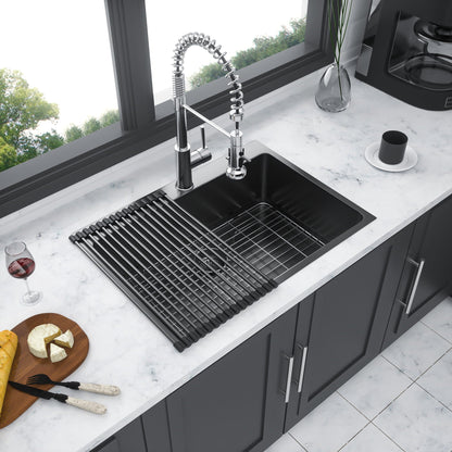 Topmount Kitchen Sink 16-Gauge Single Bowl black basin with chrome spring faucet on Tampa Home & Garden Store