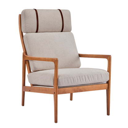 Mid century modern accent armchair HouseOfZazla beige fabric cushions with light wood frame on Tampa Home & Garden Store