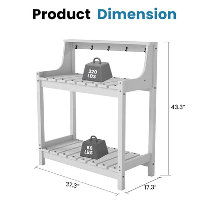 Potting bench for outside, HDPE potting table with storage, white frame and 4 tool hooks on Tampa Home & Garden Store