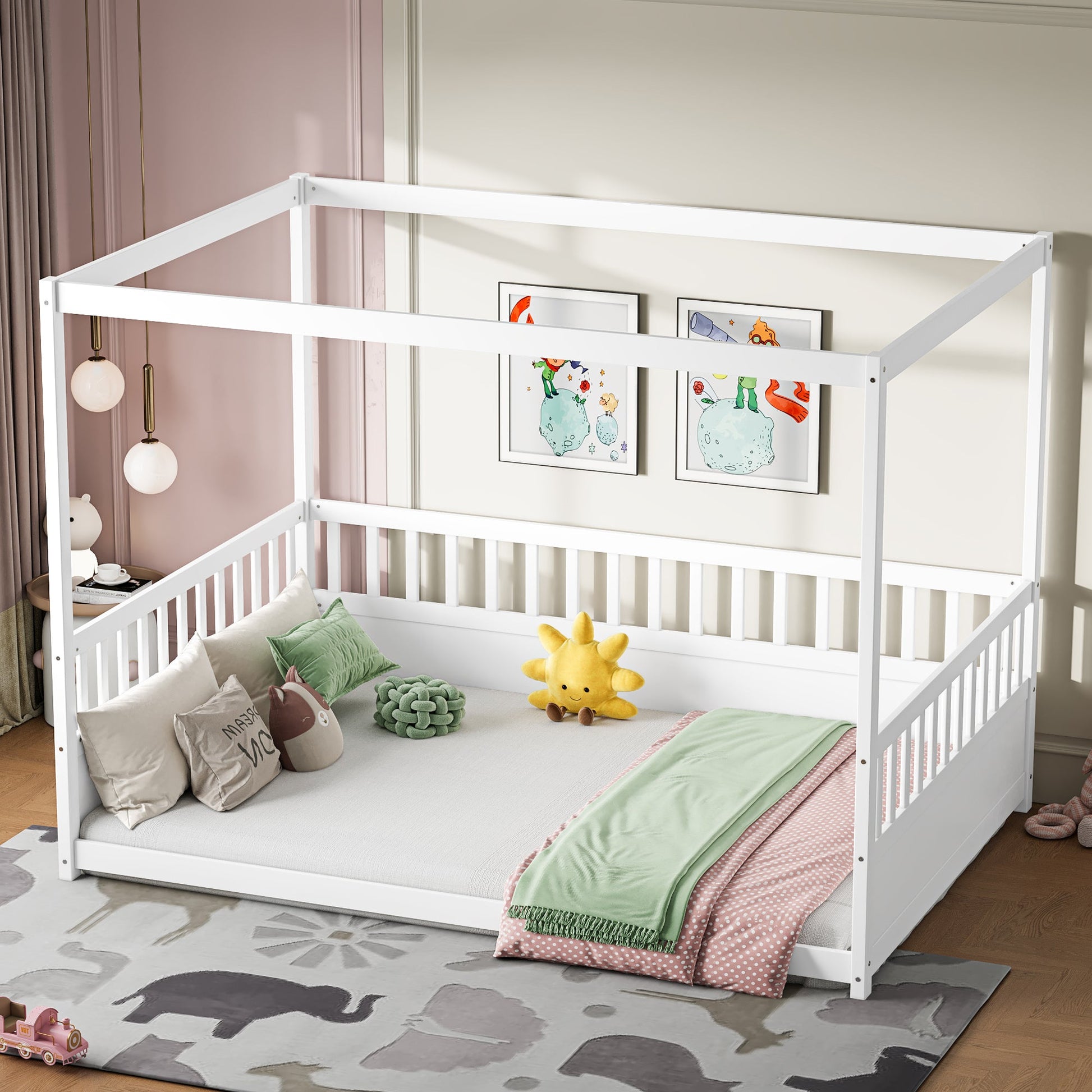White metal full-size canopy bed frame with guard rails for kids HouseOfZazla on Tampa Home & Garden Store
