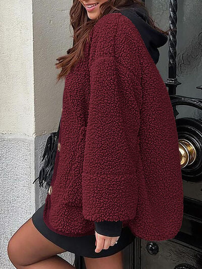 Stevvex burgundy sherpa jacket with black hood, contrast button-up front and pockets on Tampa Home & Garden Store