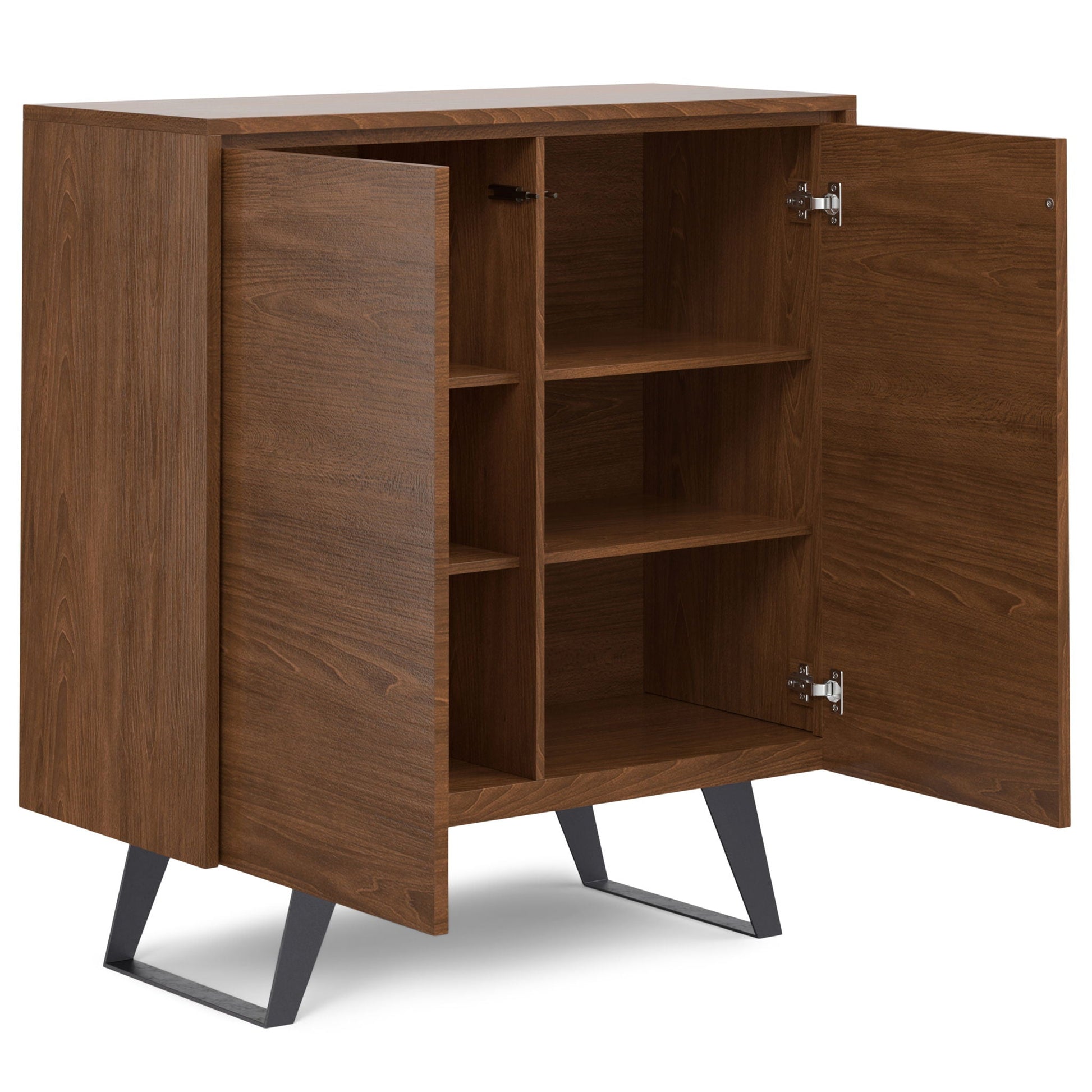Lowry storage cabinet by HouseOfZazla in warm brown wood with shelves and black metal legs on Tampa Home & Garden Store