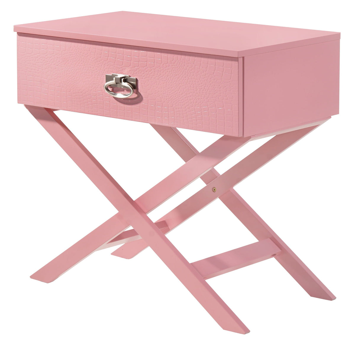 Accent nightstand pink crocodile-textured drawer front with silver ring pull and solid wood frame on Tampa Home & Garden Store