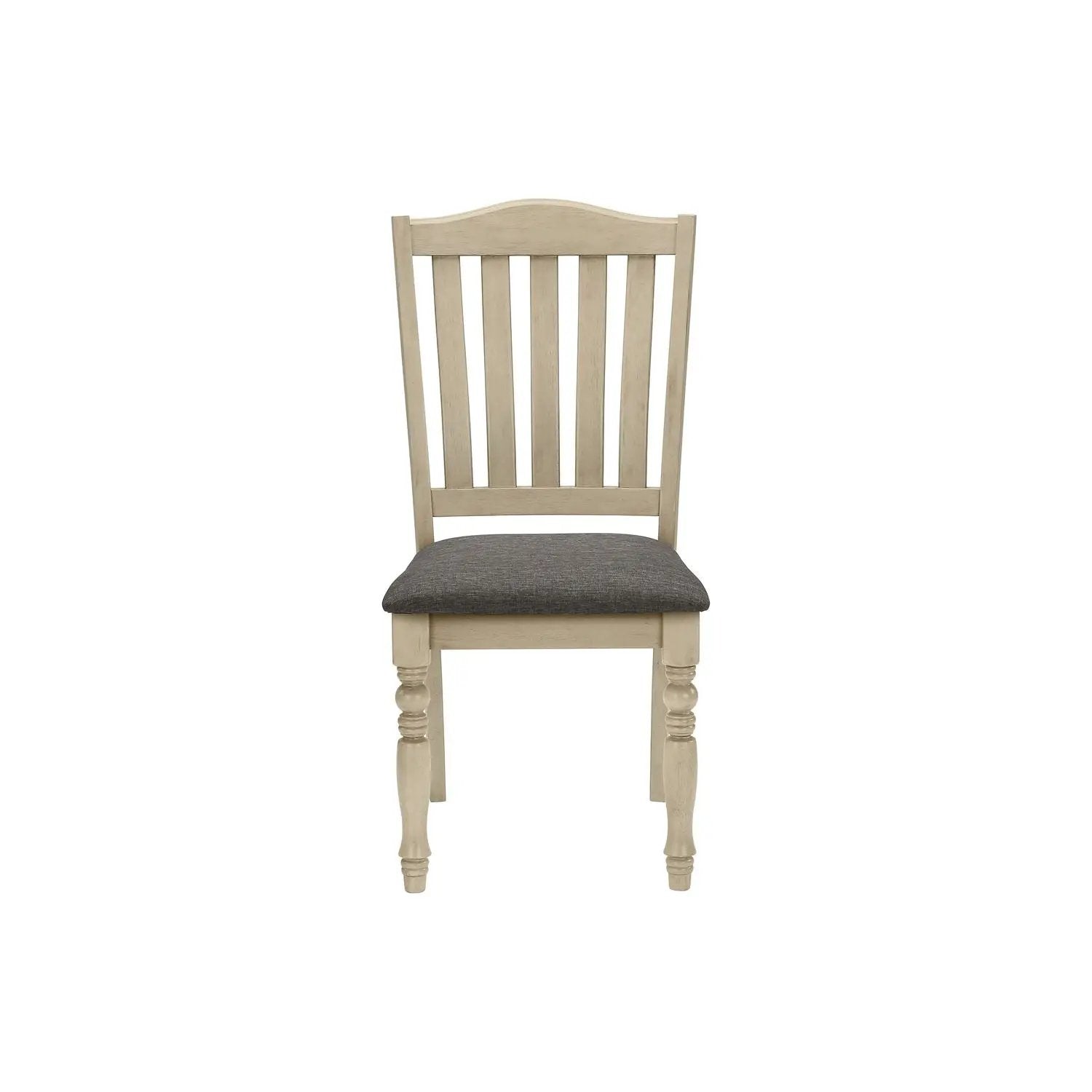 Dining chair upholstered gray cushion, light wood finish, slat back, side chair style on Tampa Home & Garden Store