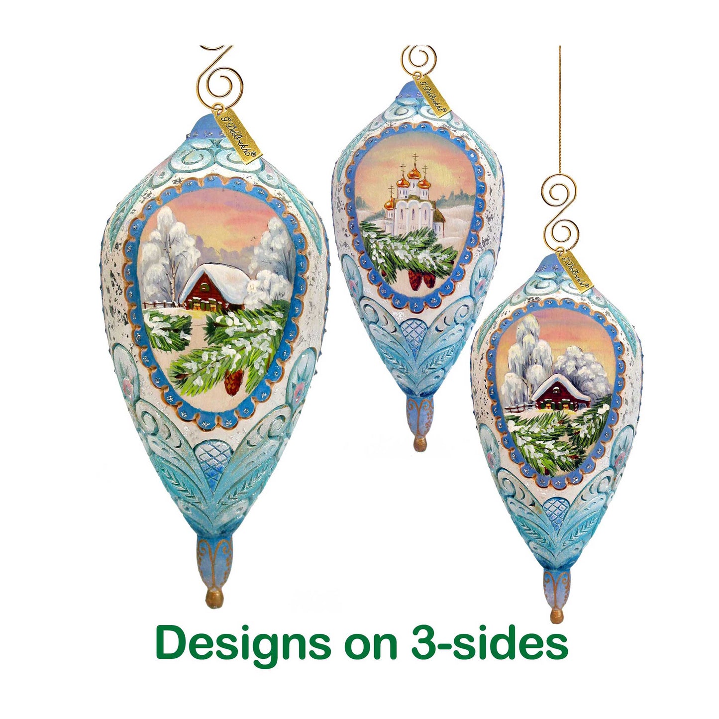 Winter Cottage Sculpted Ornament set of 5 by G. DeBrekht in blue teal with snowy village scenes on Tampa Home & Garden Store
