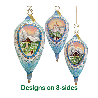Winter Cottage Sculpted Ornament set of 5 by G. DeBrekht in blue teal with snowy village scenes on Tampa Home & Garden Store