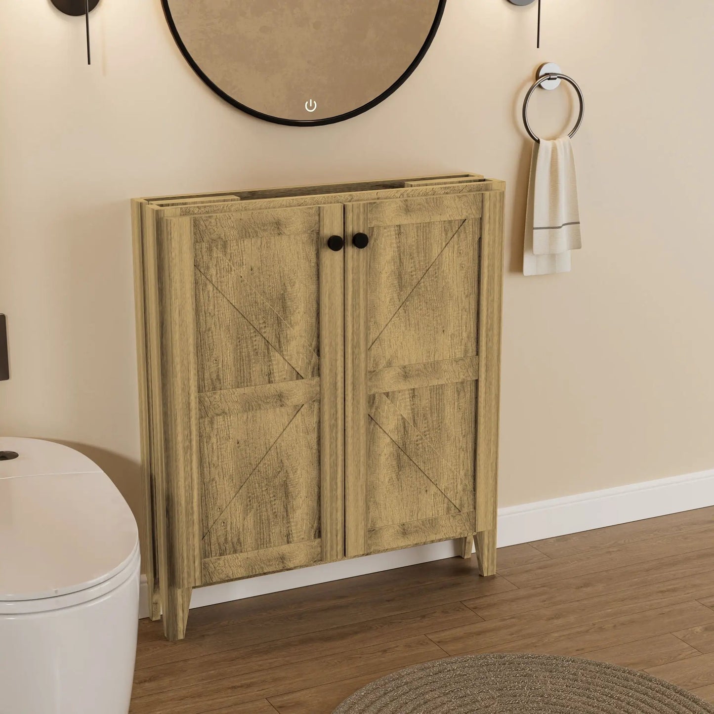 Folding floor vanity cabinet in weathered wood with two-panel doors and black knobs, towel ring nearby on Tampa Home & Garden Store